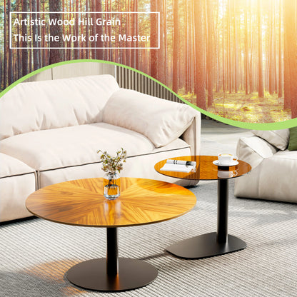 Modern Coffee Table Set, Round Nesting Table, Beech Wood, Sintered Stone and Glass, Set of 2 for Living Room Offoce
