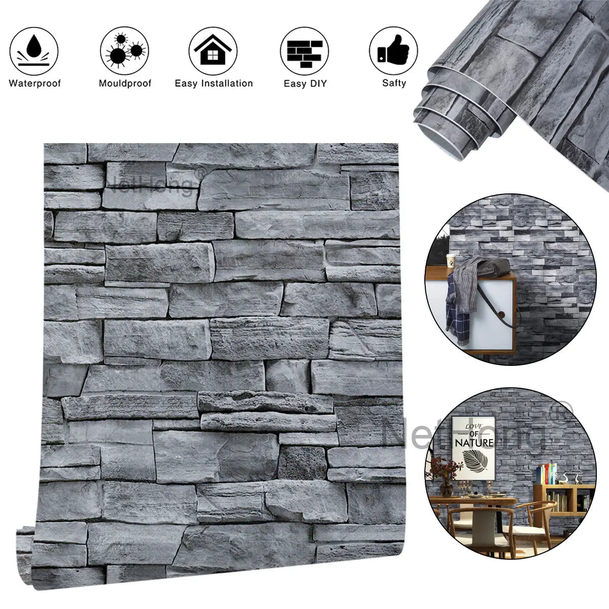 6M 3D Gray Stone Brick Effect Wallpaper Vinyl Self Adhesive Wall Stickers
