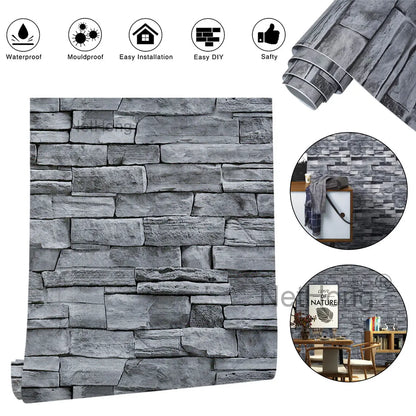 6M 3D Gray Stone Brick Effect Wallpaper Vinyl Self Adhesive Wall Stickers