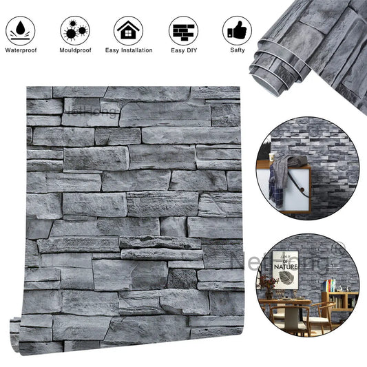 6M 3D Gray Stone Brick Effect Wallpaper Vinyl Self Adhesive Wall Stickers