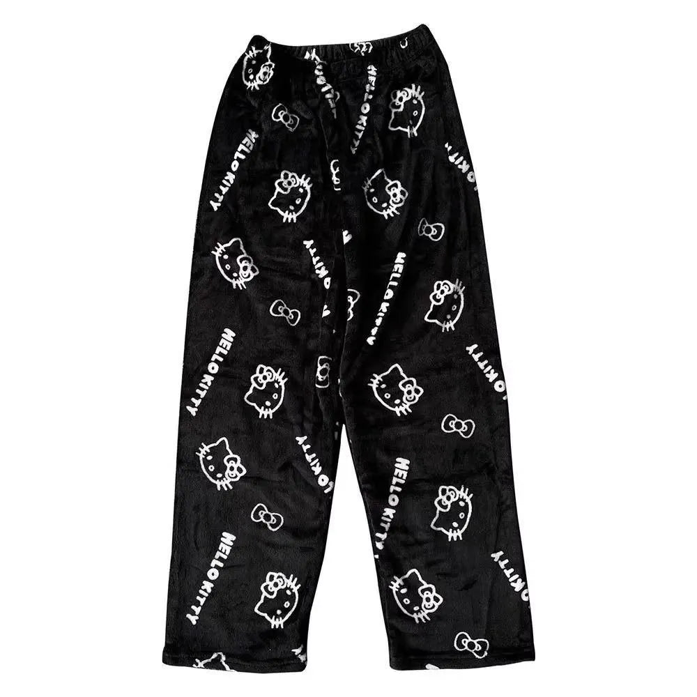 Halloween Cartoon Hello Kitty Flannel Pajamas Women's Autumn and Winter Plus Velvet Warm Casual Home Graffiti Pants