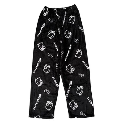Halloween Cartoon Hello Kitty Flannel Pajamas Women's Autumn and Winter Plus Velvet Warm Casual Home Graffiti Pants