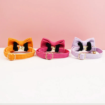 Personalized Corduroy Cat Collar with Engraved Name Plate, Bell & Bow Tie - Custom Breakaway Safety Collar