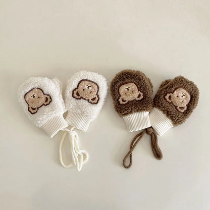 Lamb Fleece Baby Plush Mittens Cute Bear Kids Hanging Neck Glove 1-4Year Boy Girl Children Winter Full Finger Gloves Hand Warmer