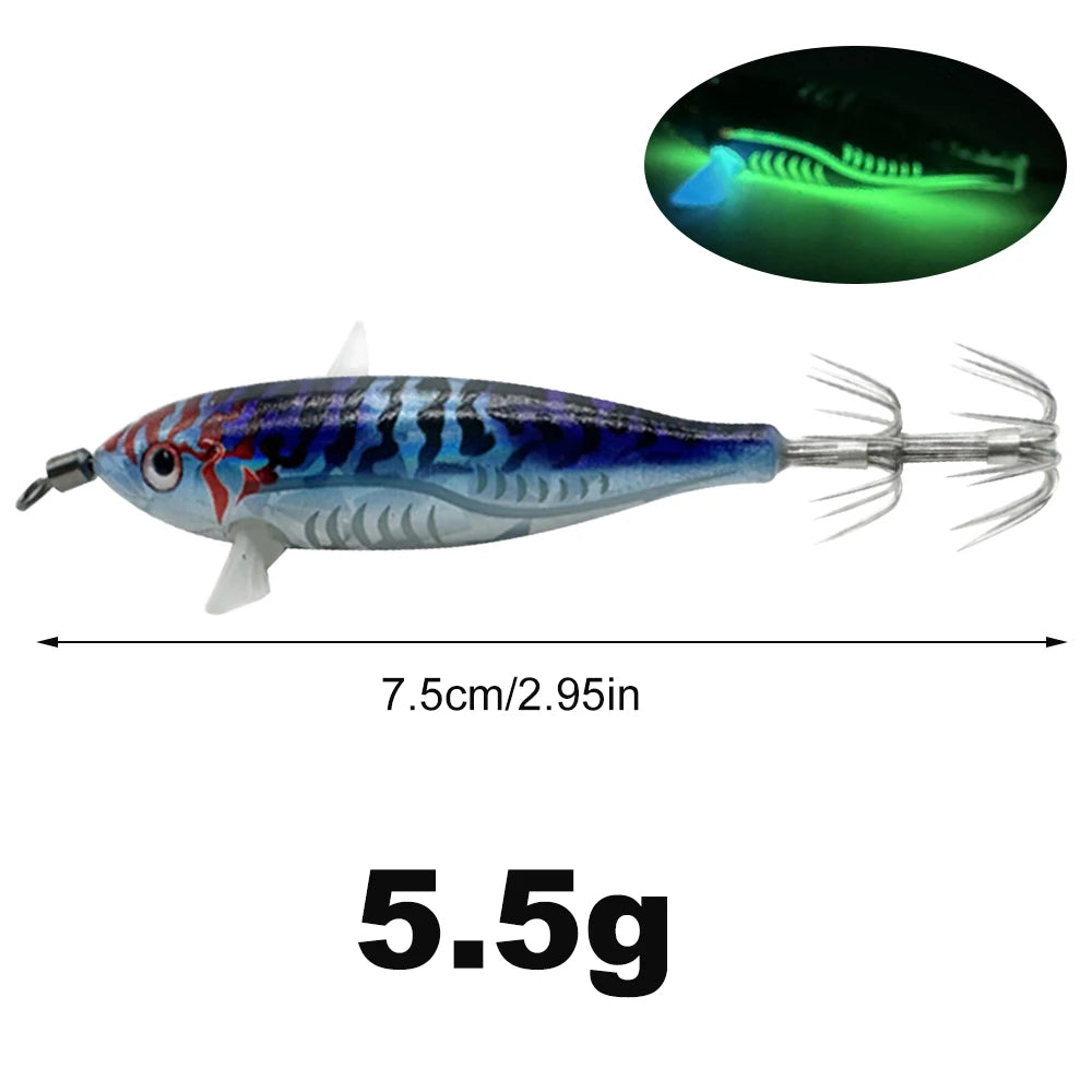 Horizontal wood Shrimp 5.5g Laser Luminous Floating Egi lure Squid Jigging Shrimp Octopus Cuttlefish Night Fishing Baits Sea