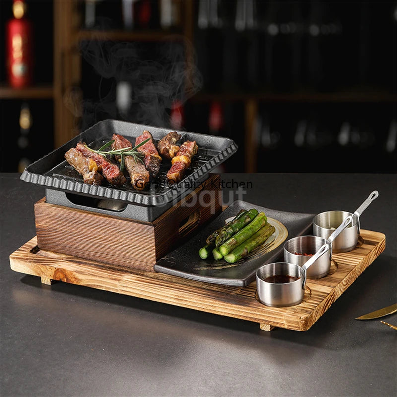 Dining room single and double tableware Cast iron barbecue plate Square alcohol oven baking tray Korean style barbecue stove set