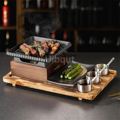 Dining room single and double tableware Cast iron barbecue plate Square alcohol oven baking tray Korean style barbecue stove set