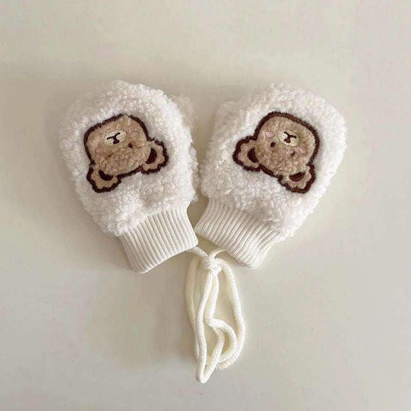 Lamb Fleece Baby Plush Mittens Cute Bear Kids Hanging Neck Glove 1-4Year Boy Girl Children Winter Full Finger Gloves Hand Warmer