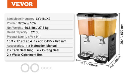 VEVOR 10L 12L 18L Commercial Beverage Dispenser Stainless Steel Ice Juice Tea Drink Machine with Cooling Function for Bar Party