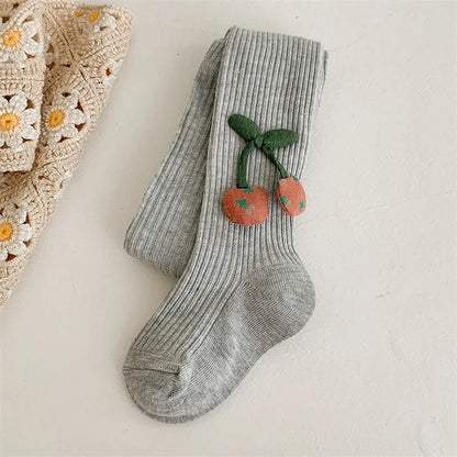 Girls Cotton Tights with Cherry Pattern - Soft Pantyhose for Kids Ages 2-10 Years