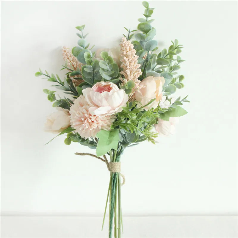 Meldel Wedding Flower Bouquet Artificial Silk Rose Lucky Ball Flower Home Wedding Decor Bride Bouquet Forest Style Eucalyptus