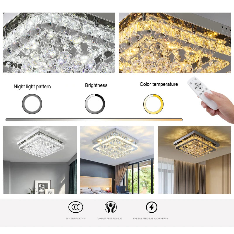 KOMORE Modern Fancy Crystal LED Flush Mount Ceiling Light Fixture, Cool White / Stepless Dimming for Office, Living Room