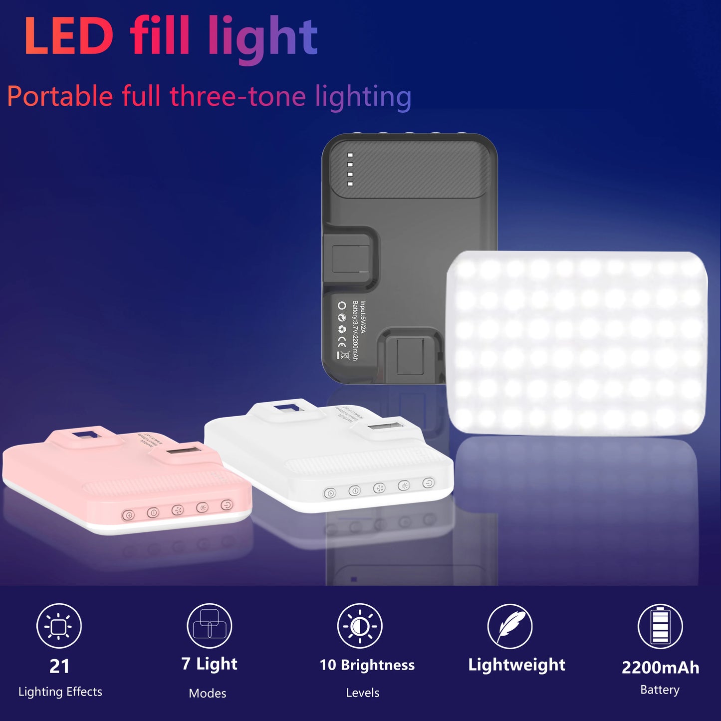LED Selfie Light 60 High Power Rechargeable Clip Fill Video Light  for Phone iPad with Front & Back Clip Adjusted 3 Light Modes