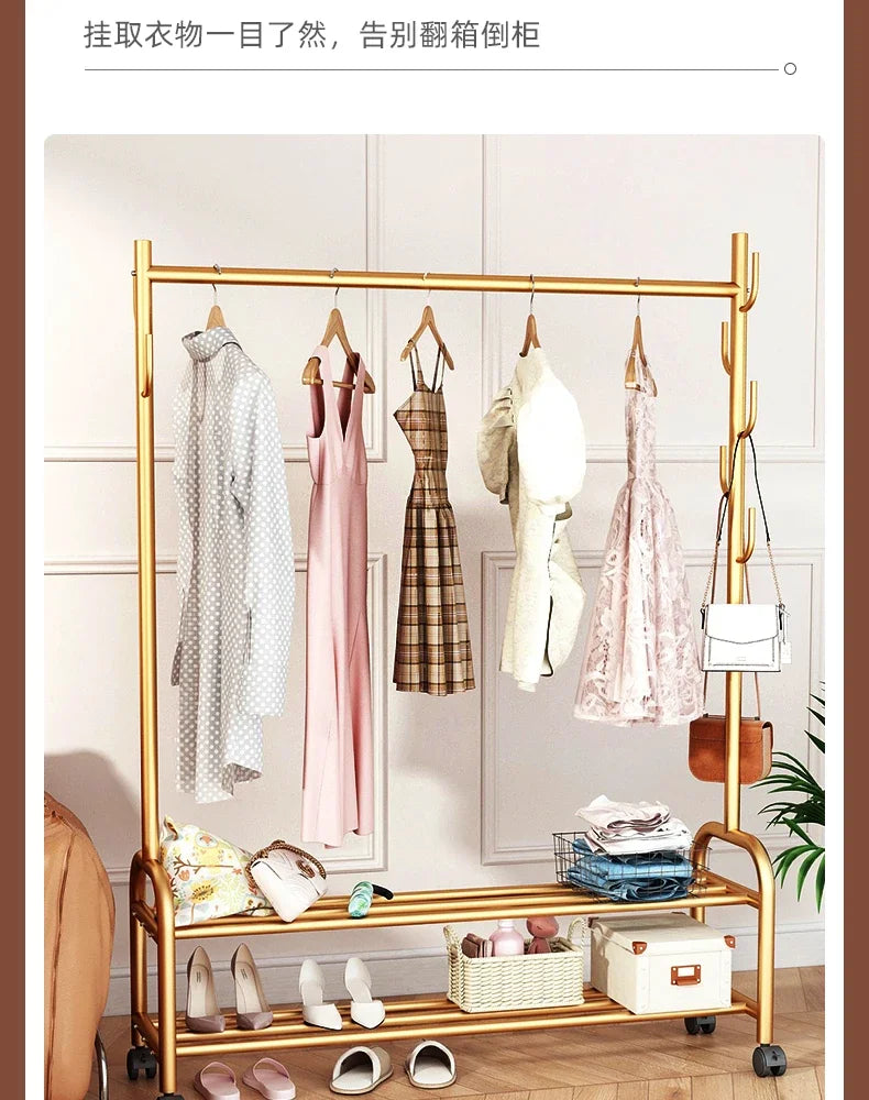 Aesthetic Golden Clothes Rack Metal Balcony Nordic Wheels Clothes Rack Floor Bedroom Burro Ropa Perchero Hallway Furniture