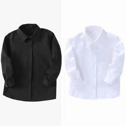 Boys White Black Long Sleeve Formal Shirt - Kids School Uniform Party Performance Blouse | Ages 1-12+