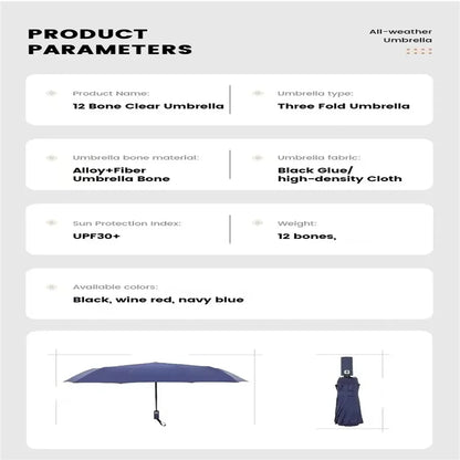 12 Bone Black Glue Fully Automatic Umbrella With Thick And Durable Keel Three Fold Umbrella UV Resistant Folding Umbrella