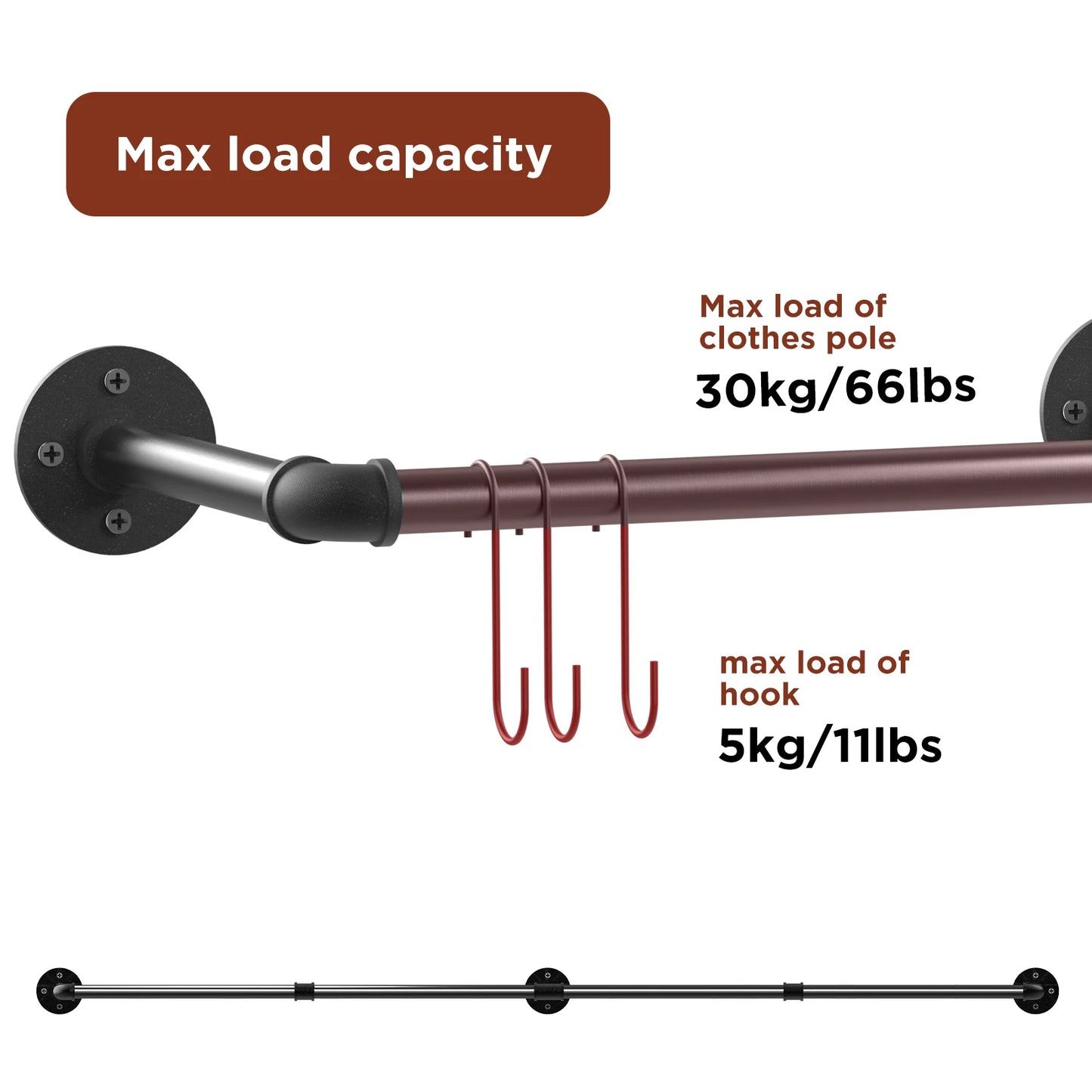 70.8 Inch Industrial Pipe Clothing Rack Wall Mounted Clothes Rail Garment Hanging Bar Rod Display Rack Closet Storage