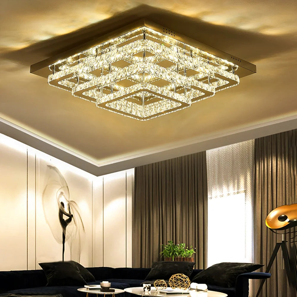 KOMORE Square Multiple-size Glamourous Crystal LED Ceiling Light, Cool White / Stepless Dimming for Office, Living Room, Bedroom