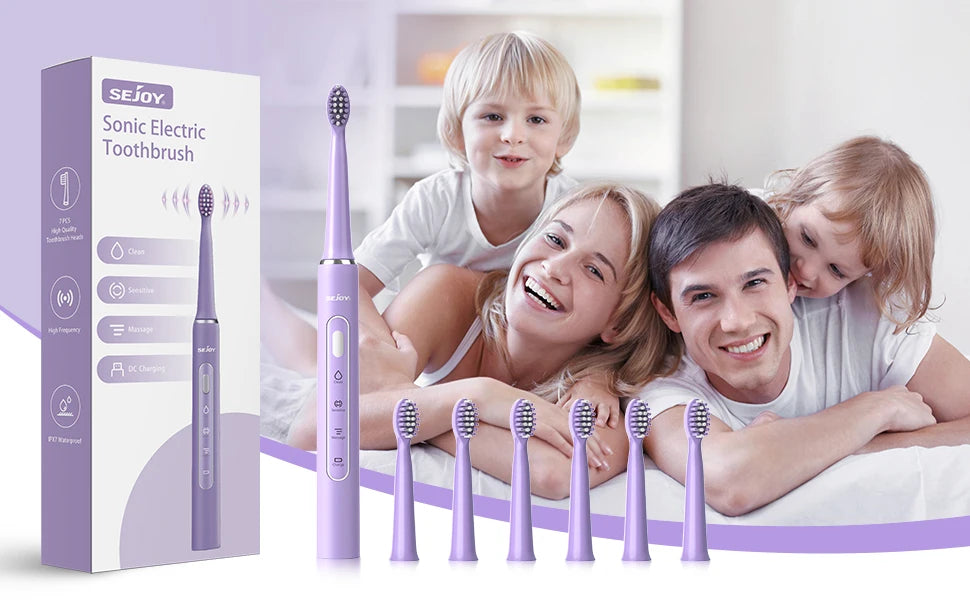 Sejoy Electric Toothbrush with 6 Heads 3 Cleaning Modes for Dental Care Smart Timer Rechargeable Sonic Toothbrush