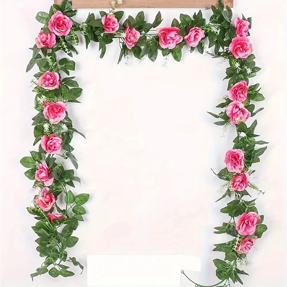 2.2M Artificial Rose Vine with 10 Blooms White pink  Faux Floral  Hanging Decor for Wedding Indoor Durable Plastic Plant