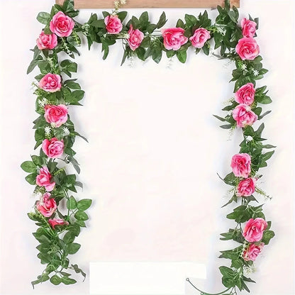 2.2M Artificial Rose Vine with 10 Blooms White pink  Faux Floral  Hanging Decor for Wedding Indoor Durable Plastic Plant