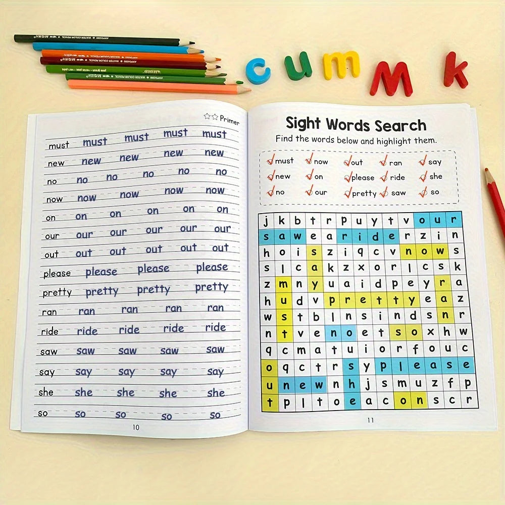 220 Sight Words Learning Workbook with Answer Key Educational Handwriting Sight Words Search Games for Age 3+ School Supplies
