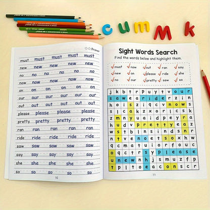 220 Sight Words Learning Workbook with Answer Key Educational Handwriting Sight Words Search Games for Age 3+ School Supplies