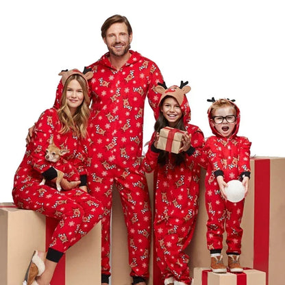 Christmas Family Matching Onesie - Elk Print Hooded Jumpsuit Pyjamas for Mom Dad Kids