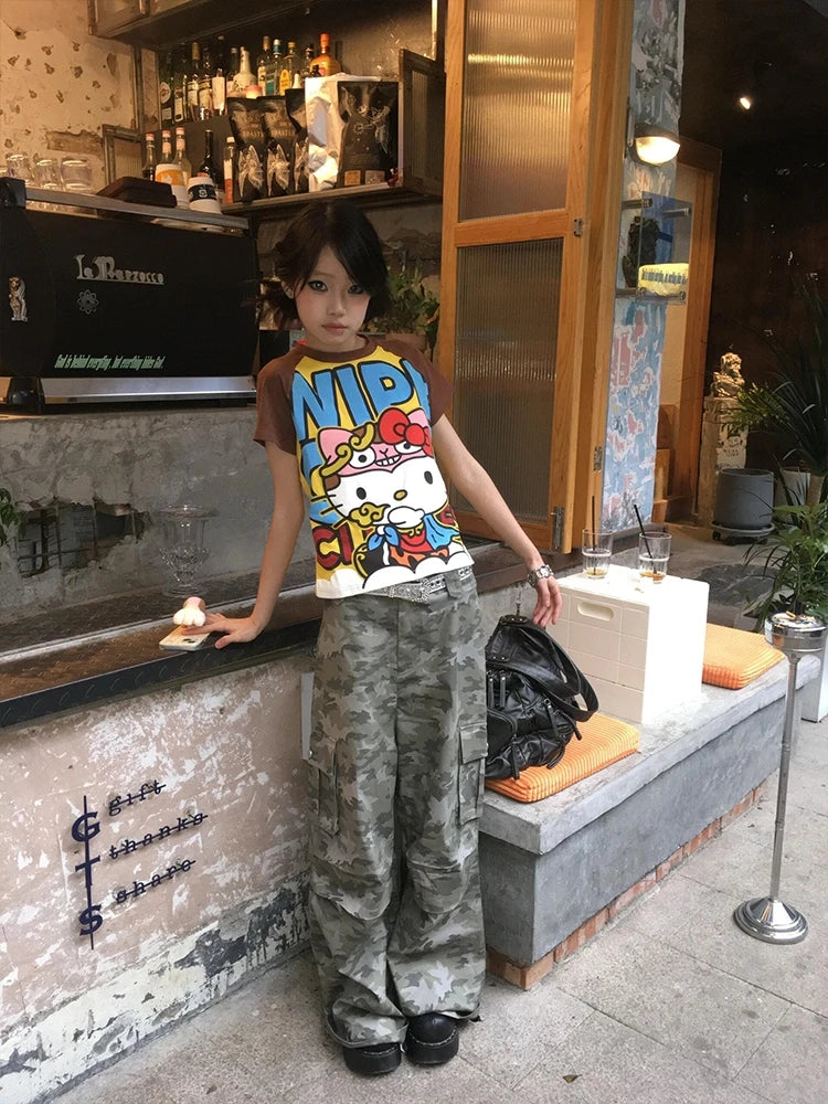 Sanrio Hello Kitty New Anime Fashion Short Tops Y2k Summer Cute Tees Cartoon Printed High Street Gothic Short Sleeve T-shirts