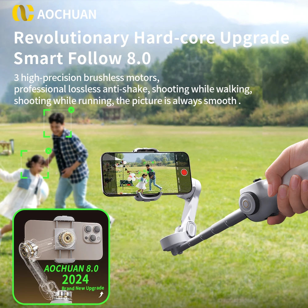 AOCHUAN Handheld Gimbal Stabilizer 3-Axis Smart V8 For Phone with Extension Rod Tripod Face Tracking For iPhone Android TikTok