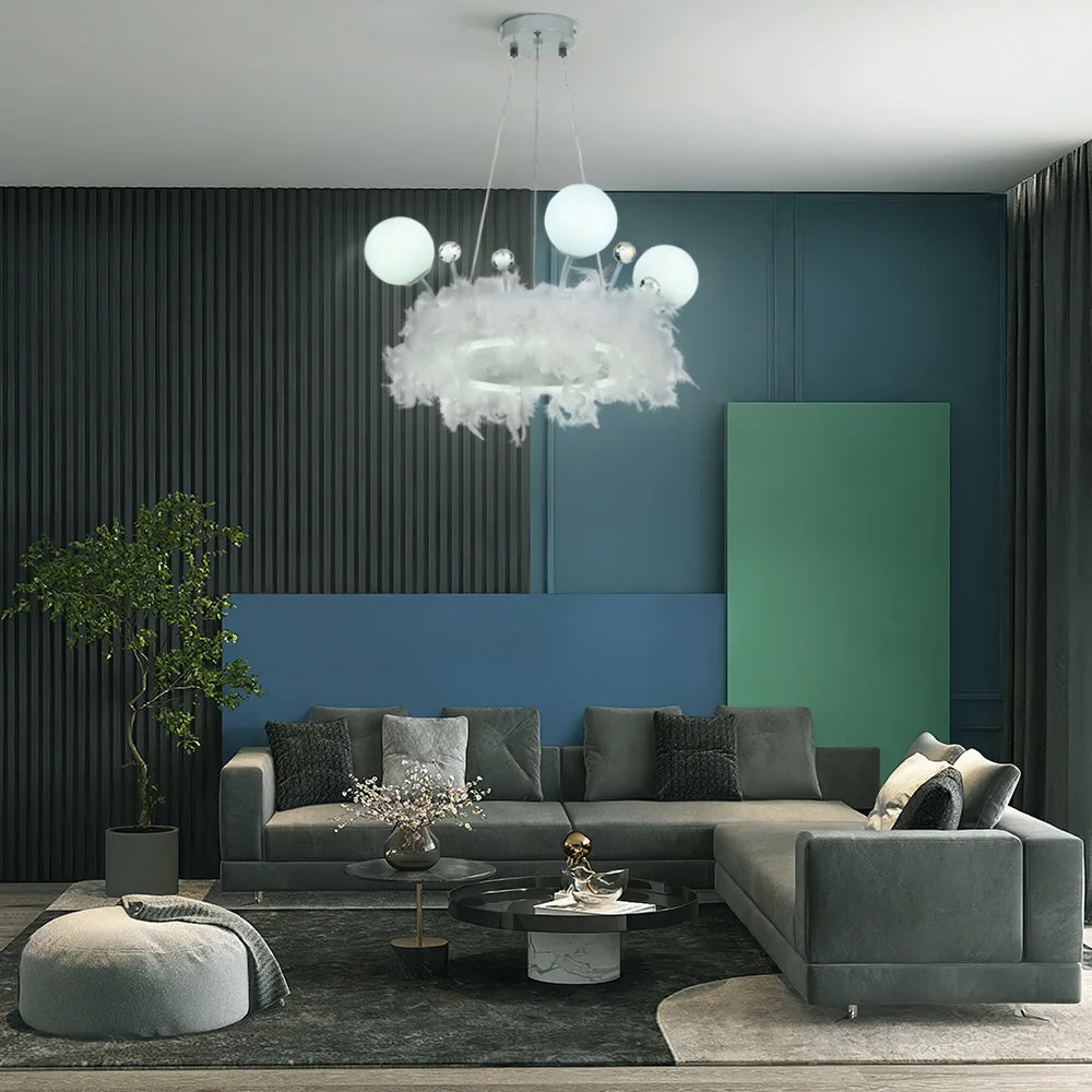 KOMORE Feather LED Pendant Light with Crystal Balls 18W 1980lm for Kitchen Living Room Hallway Entryway