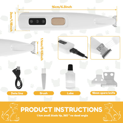 Electric Pet Paw Trimmer Rechargeable Cat Paw Clipper Low Noise Dog Paw Trimmer Kit with LED Light Waterproof Pet Grooming Tools