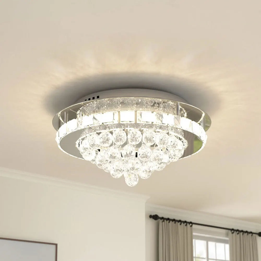KOMORE Round Crystal-droplets LED Semi Flush Mount Ceiling Light, 36 W Polished Chrome Cool White / Stepless Dimming