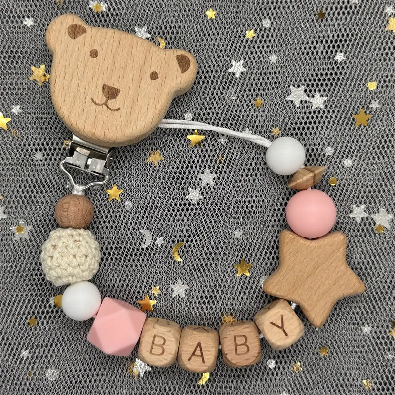 NEW Custom Name Wooden Personalized Baby Pacifier Chain Beech Bead Dummy Nipple Holder Guard Teether Pendant Newborn Mother Gift