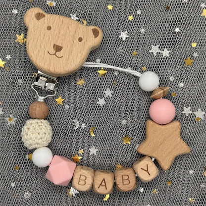 NEW Custom Name Wooden Personalized Baby Pacifier Chain Beech Bead Dummy Nipple Holder Guard Teether Pendant Newborn Mother Gift