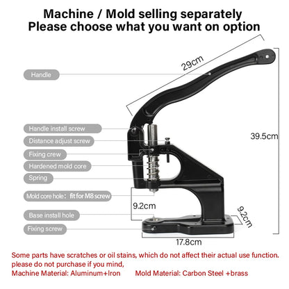 WUTA Manual Button Installation Tool Mute Punching Mushroom Rivets, Eyelet Hand Pressing (without /with Machine) DIY Craft Tools