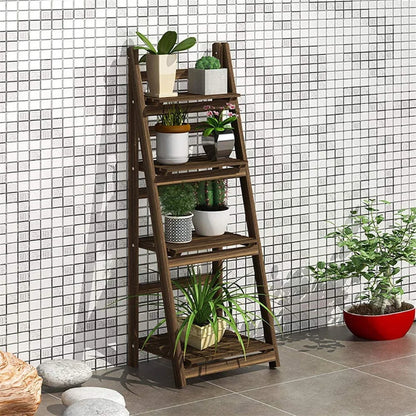 Folding 4 Tier Ladder Shelf, Storage Shelving Unit, Wooden Bookcase, Plant Flower Display Rack, Indoor Rack