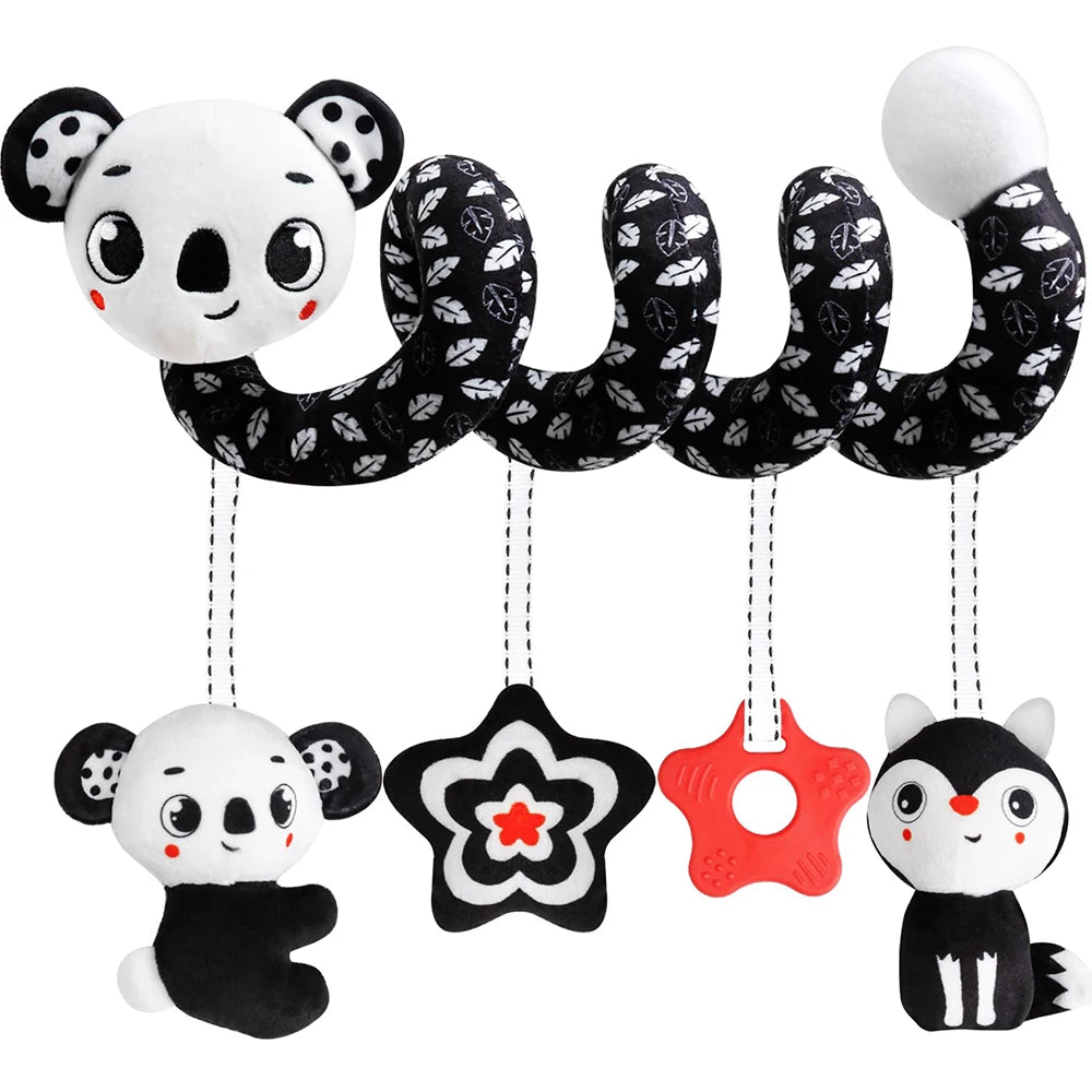 Newborns Spiral Hanging Activity Stroller Toy Baby Carseat Toy Black & White Lion Koala Rattle  for Crib Mobile Sensory Toy Gift