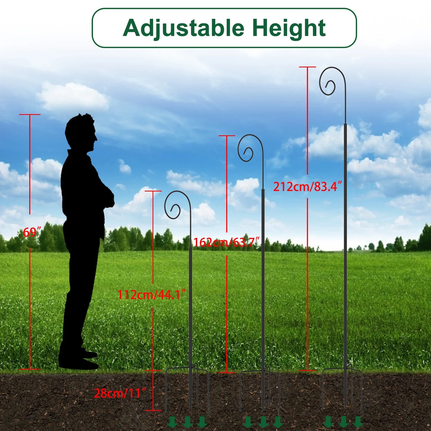 Hohe Hirtenstabhaken, Metall-Gartenhaken, 3-teiliger Rohrständer, abnehmbare Vogelfutterstange, Gartenhänger, 2 Stück