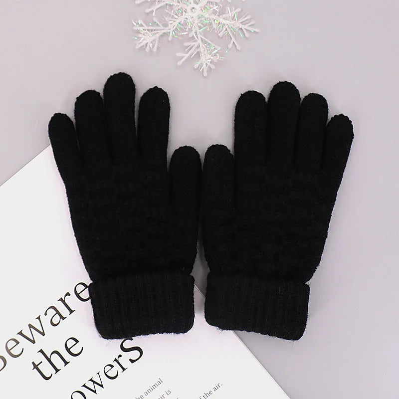 Winter Children Knitted Gloves Thick Woolen Kids Five Fingers Glove 8-15year Boy Girl Baby Hand Warmer Black White Fleece Mitten