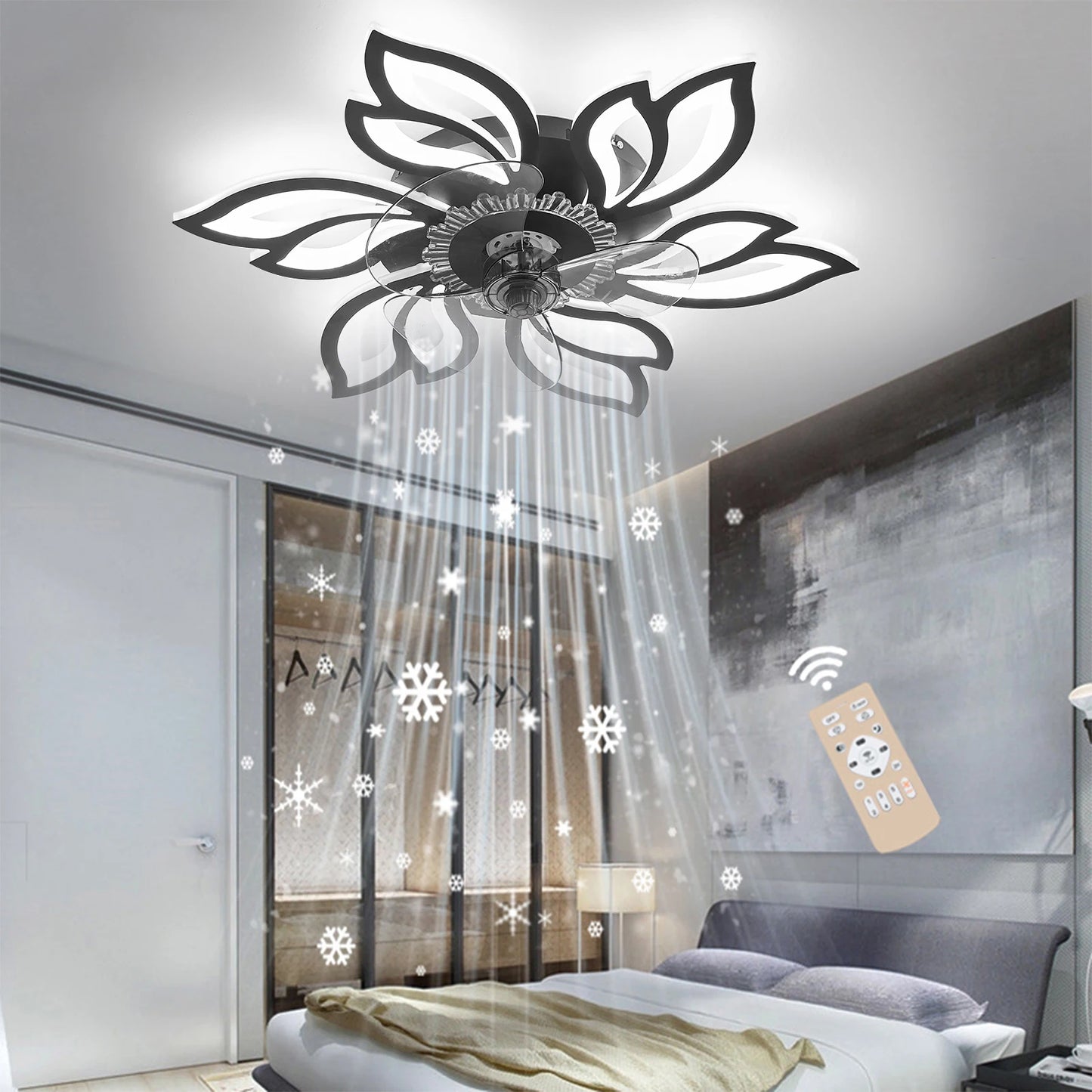 KOMORE Modern Flower Shape Ceiling Fan with Light with 3 Color temperature 6 Speeds for Office, Living Room, Bedroom