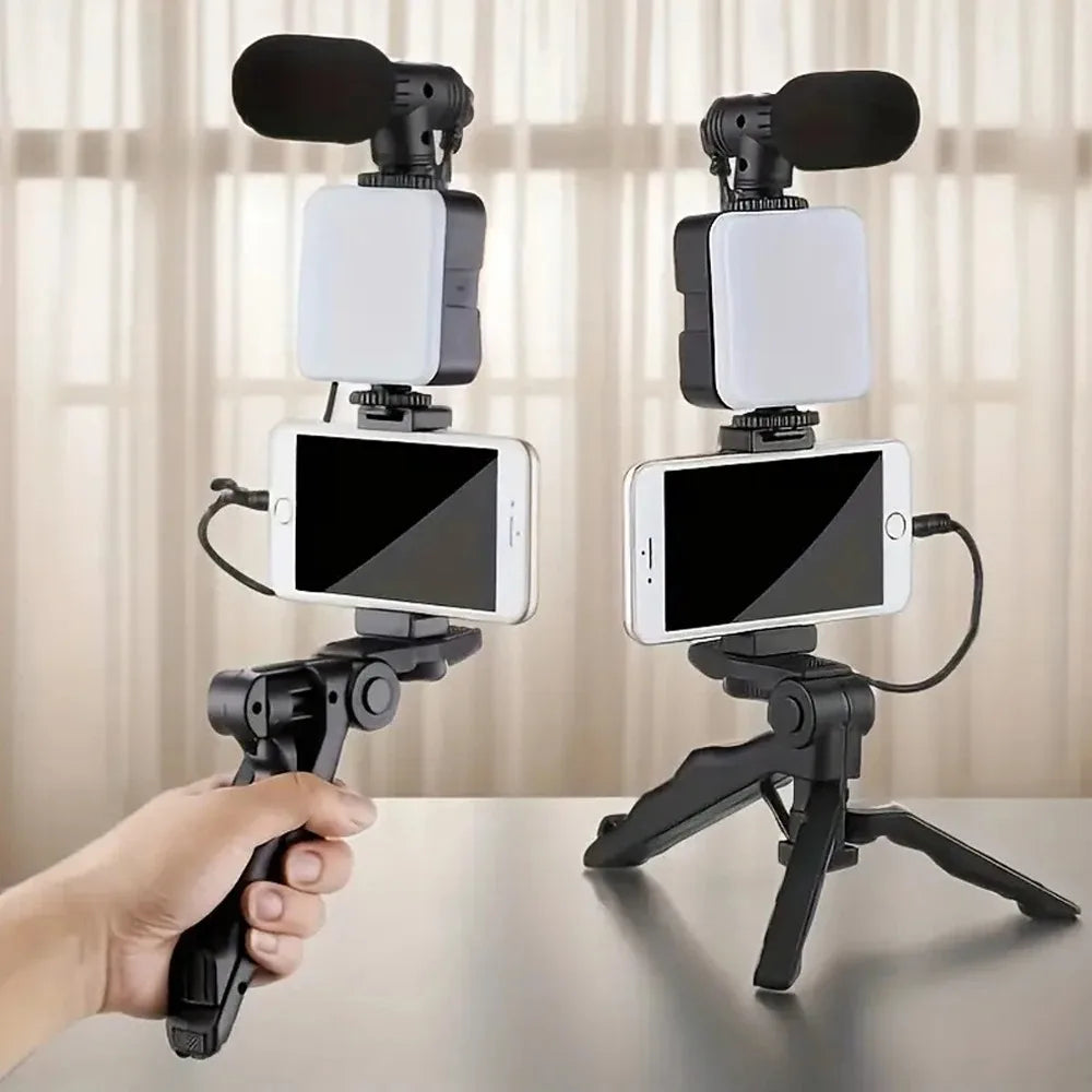 STTKGZD Smartphone Vlogging Kit With Tripod Phone Holder Mini Microphone Fill Light Starter Handle Portable Stabilizer Bracket
