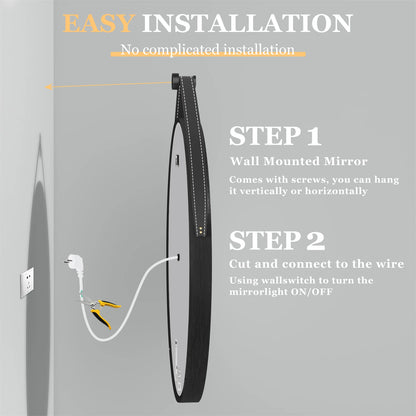 60/70/80CM Round LED Bathroom Mirror Wall Hanging Frontlit Vanity Makeup Mirror with Leather Strap Touch Anti-fog