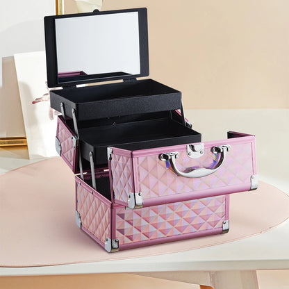 Modishion Professional Makeup Case Portable Makeup Case 2 Trays with Mirror Makeup Tool Storage Box Travel Makeup Case