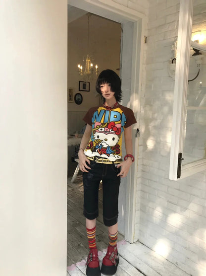 Sanrio Hello Kitty New Anime Fashion Short Tops Y2k Summer Cute Tees Cartoon Printed High Street Gothic Short Sleeve T-shirts
