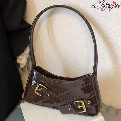 MOJOYCE Small Belt Design Glossy Patent Leather Shoulder Bags Women Luxury Brand Tote Handbag Y2K Underarm Bag with Inner Pocket