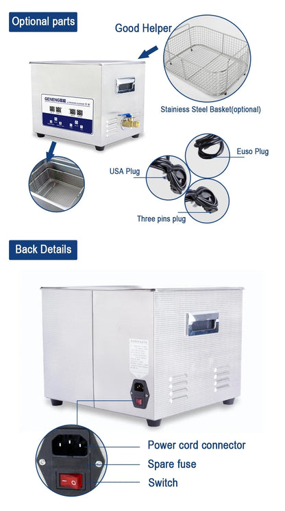 GENENG Ultrasonic Cleaner Ultrasound  Bath Dental Ultra Sonic Cleaning Machine 1.3L/2L/3.2L/6.5L/10L/15L/22L/30L