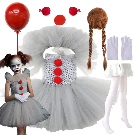 80s 90s Clown Tutu Dress with Gloves Hair Pin Pennywise Role Play Joker Costume Halloween Creature It Cosplay Girls Doll Cosplay