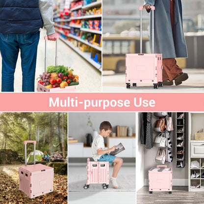 Folding Utility Shopping Trolley on Wheels Teacher Trolley Cart with Lid Portable Crate Handcart Box for Camping Shopping Pink
