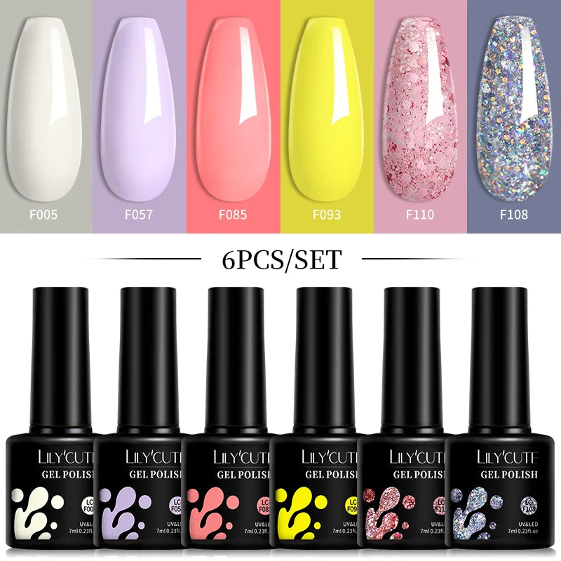 LILYCUTE 6-teiliges Set 7 ml Gel-Nagellack zum Selbermachen, leuchtend pink, semi-permanent, UV-/LED-beständig, Nageldesign-Set